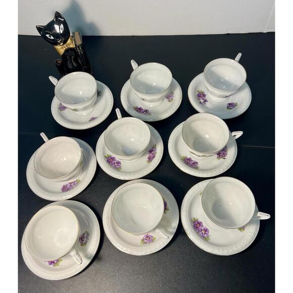 P.A.L.T. Czechoslovakia Vintage 1930s Violets Gold Trim 9 Sets Cups Saucers
